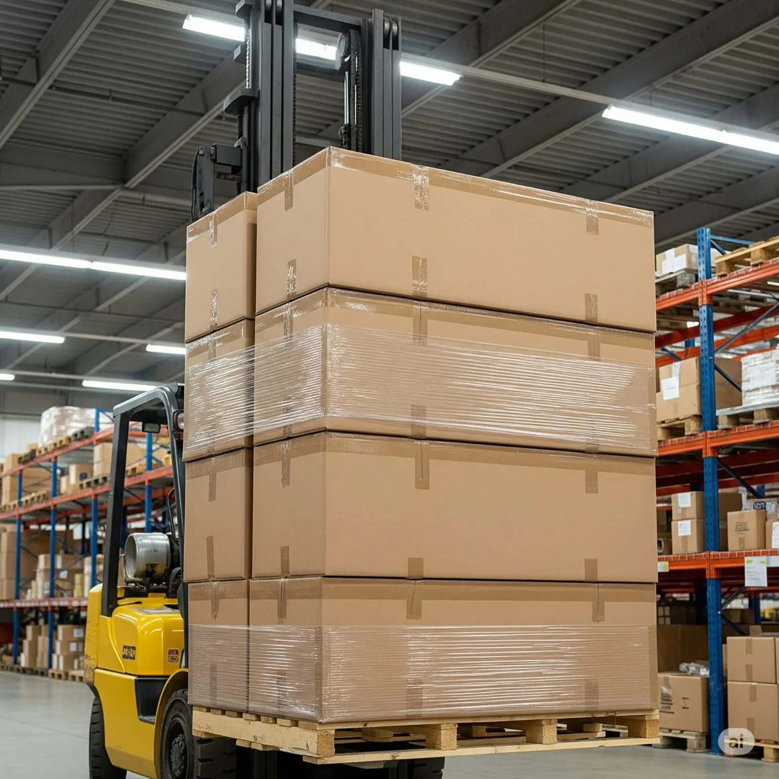 Palete com caixas de papelão reforçadas para a indústria, garantindo segurança no transporte logístico.